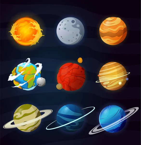 Planetas espaciales, asteroides, luna, fantástica ilustración cósmica . — Archivo Imágenes Vectoriales