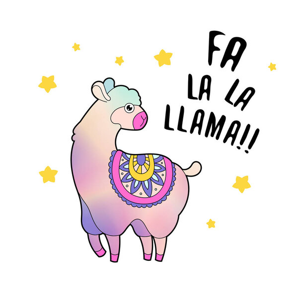 Cartoon hologram lama character vector illustration. Funny animal print card. Funny quote print.