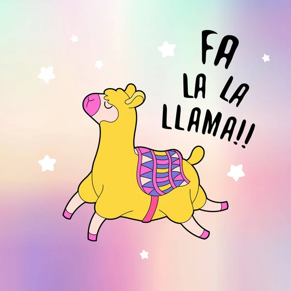 Cartão de lhama alpaca fofo bonito. Cartão de presente holográfico. Ilustração vetorial . —  Vetores de Stock