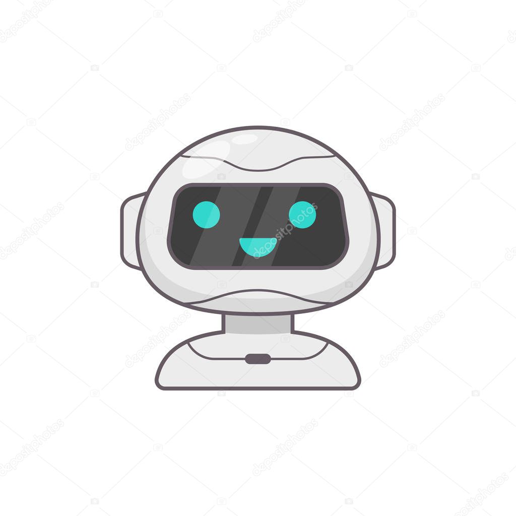 Cute smiling working chat bot. Chat bot robot icon. Futuristic machine character.