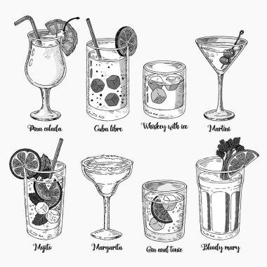 İzole renkli kroki kokteyller kümesi. Margarita, viski, tekila. Mojito, kanlı mary ve cuba libre.