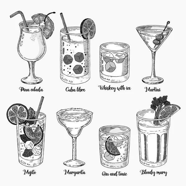 İzole renkli kroki kokteyller kümesi. Margarita, viski, tekila. Mojito, kanlı mary ve cuba libre.