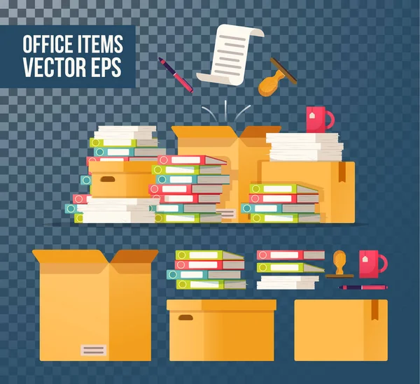 Cajas de cartón aisladas. Burocracia, papeleo, oficina. Trabajar con el archivo . — Vector de stock