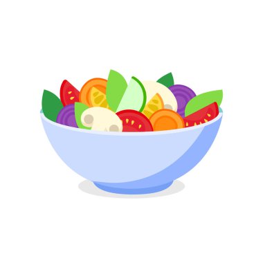 Karides salatası düz simgesi ile sebze. Kase salata taze malzemeler.