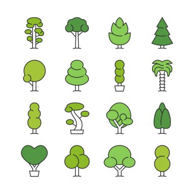 Yeşil ağaç anahat. Şekilli ağaçlar Hat sanatı. Palm, Ladin, bonsai simgesi tasarım.