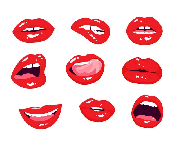 Colección de labios rojos. Boca de mujer con beso, sonrisa, lengua y dientes aislados sobre fondo. Aislado sobre blanco . — Archivo Imágenes Vectoriales