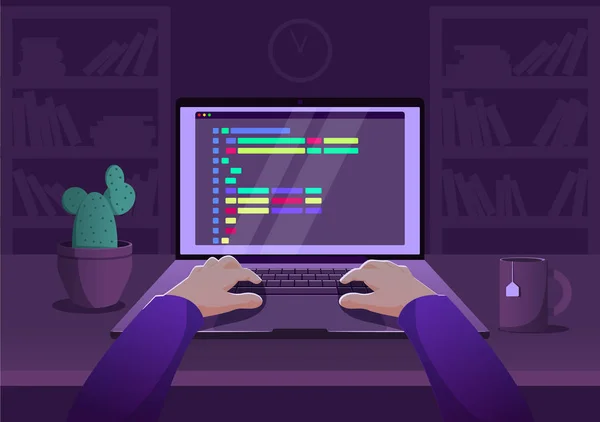 Homem programador trabalhando no computador com código na tela ilustração. Programador trabalhando código de escrita . — Vetor de Stock