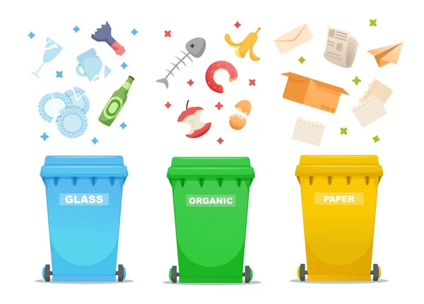 Recycling-Müll-Symbole, verschiedene Mülltonnen. — Stockvektor