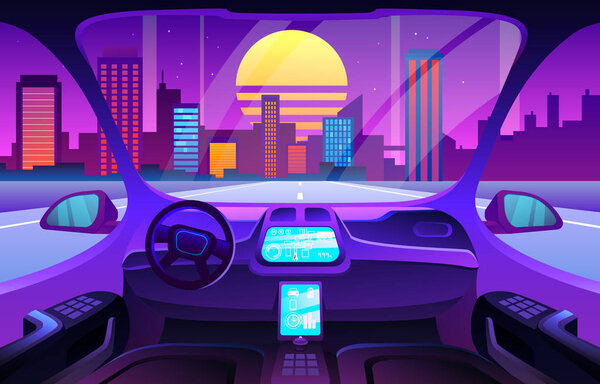 Futuristic Automobile salon or driverless car interior. Autinomous smart car interior.
