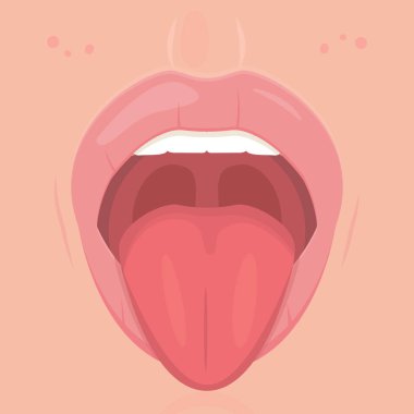 Açık ağız diş ve dil ile. Komik ifade Agiz gösteren dil. Tıbbi poster, otorhinolaryngology