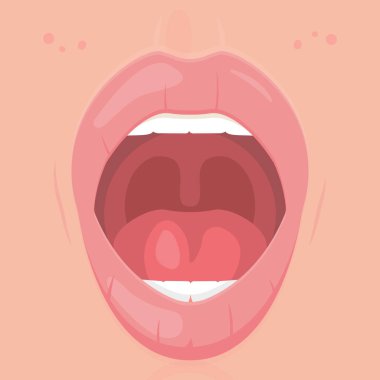 Açık ağız diş ve dil ile. Komik ifade Agiz gösteren dil. Tıbbi poster, diş kartı