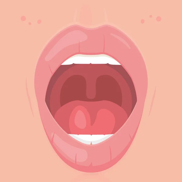 Ανοιχτό το στόμα με τα δόντια και τη γλώσσα. Αστεία έκφραση στόμα δείχνει γλώσσα. Αφίσα ιατρική, οδοντιατρική κάρτα — Διανυσματικό Αρχείο