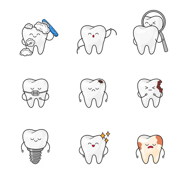 Adesivo denti felici set. Igiene orale, pulizia dei denti icone. Denti isolato icona scarabocchio . — Vettoriale Stock