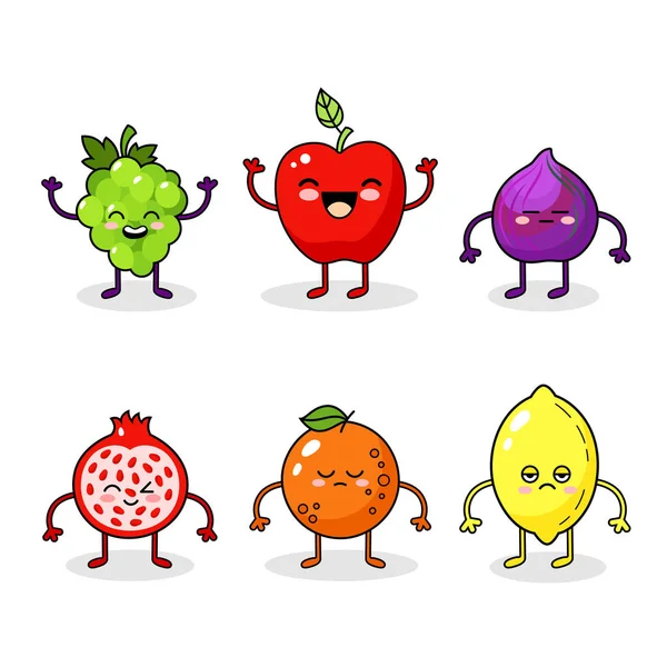 Cartoon lustige Früchte Charaktere. Happy Food Aufkleber, große Sammlung. Feige, Orange, Zitrone. — Stockvektor