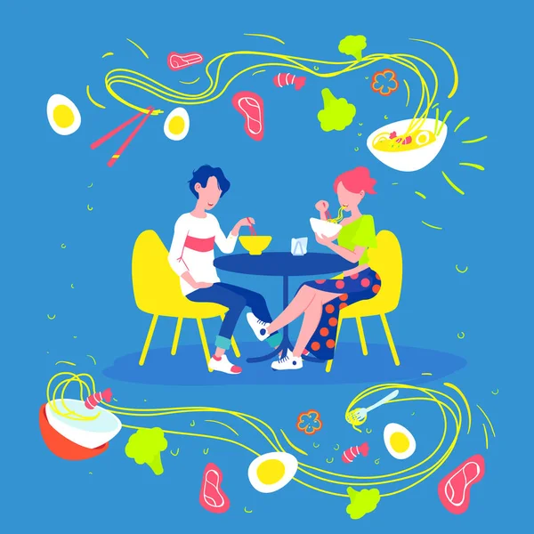 Ramen concept. Men and women eat ramen on date. Couple eat noodles from bowls — Stock Vector