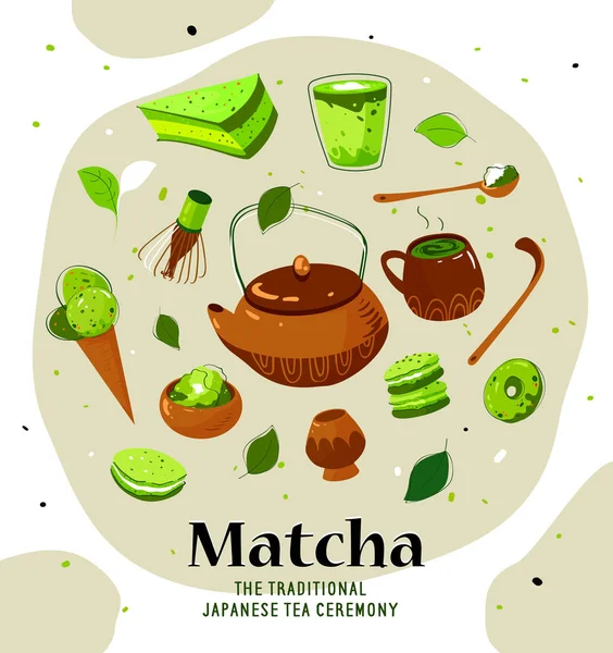 Σχεδιασμός συσκευασίας τσαγιού Matcha. Η παραδοσιακή ιαπωνική τελετή εκτύπωσης τσάι. — Διανυσματικό Αρχείο