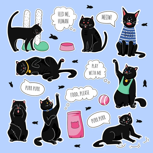 Gatos negros remendos engraçados. Gatos pretos mochila adesiva na moda, com citação divertida no discurso da bolha com emoções diferentes: triste, feliz, com raiva . — Vetor de Stock