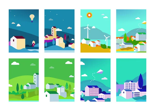 Conjunto vectorial de paisajes urbanos con edificios y árboles para pancartas, tarjetas de felicitación, carteles e historias de redes sociales. . — Archivo Imágenes Vectoriales