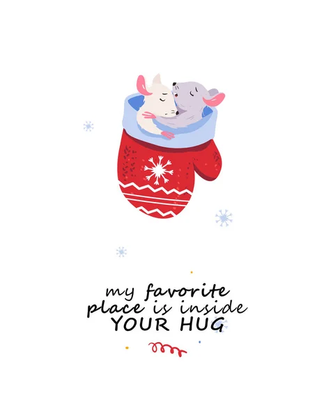 Frohe Weihnachtskarte mit schlafenden Mäusen. Mausfigur mit weihnachtlichem Design Schriftzug - Grüße, Zitate. — Stockvektor