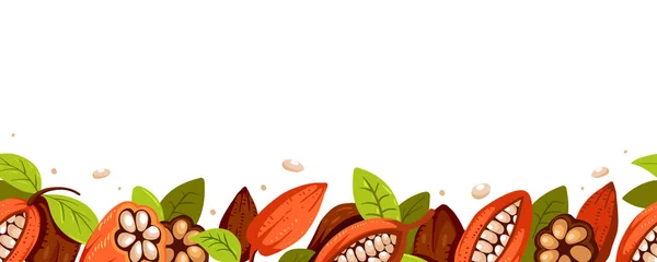 Kakaové boby bezešvé vzor, horizontální banner ilustrace, kreslený styl. — Stockový vektor