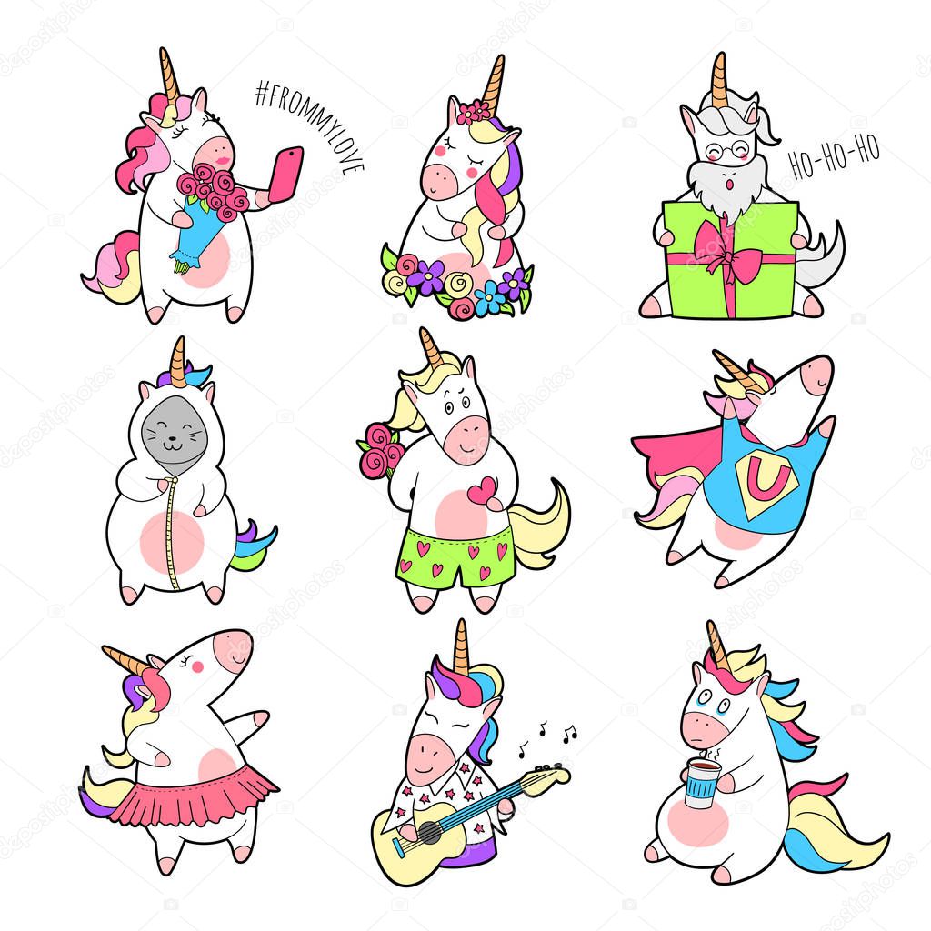 Trendy rainbow unicorn patches pack with different emotions, different characters in costumes: in love, dream, sad, happy. Teenage pony icon set. Vector illustration.