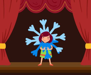 Okul ya da anaokulundaki vektör kız, sahnede oyna. Kar tanesi kostümlü kız karakter, vektör konsepti.