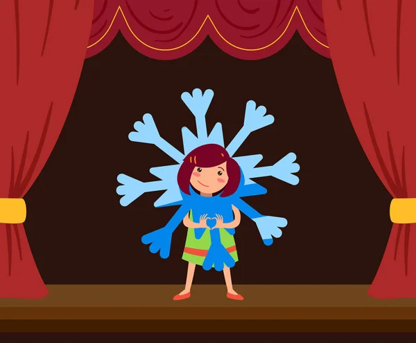 Menina vetor em uma escola ou jardim de infância, jogar no palco. Menina personagem em um traje floco de neve, conceito de vetor . —  Vetores de Stock