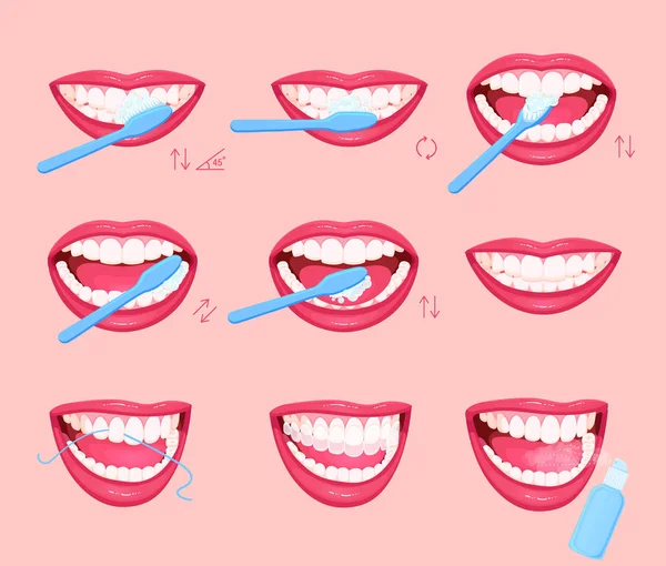 Come lavarsi i denti istruzione, infografica. Stile di vita sano . — Vettoriale Stock