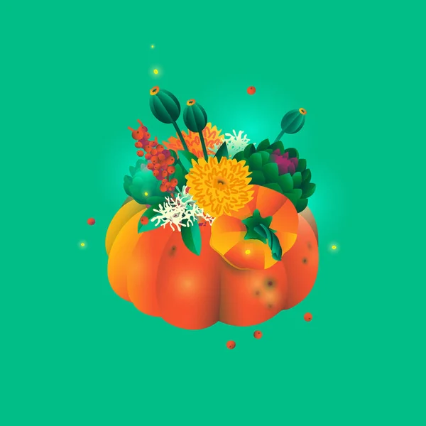 Carte cadeau design avec des fleurs dans un vase de citrouille, composition florale moderne belle . — Image vectorielle