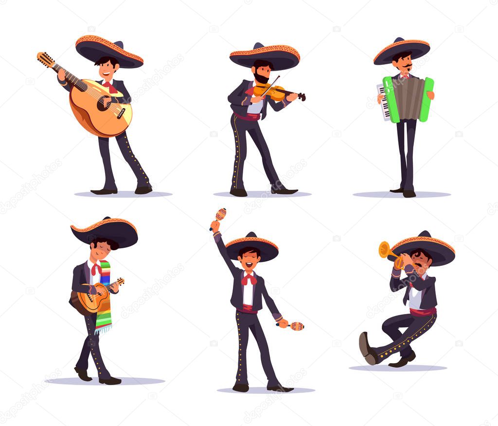 Mariachi Singer. Mexican musicians mariachi vector set, with guitar and maracas, trumpet and violin. 