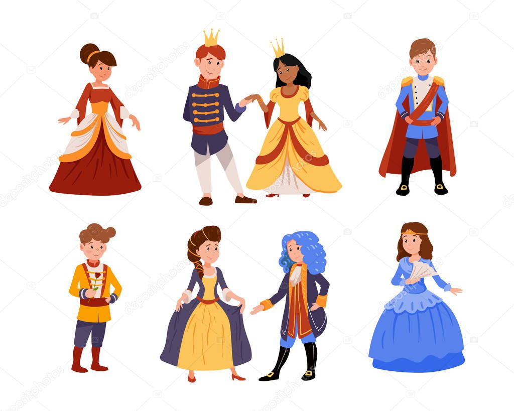 Set of cute little boys in prince costume with crown, girls in princesses dress isolated on white background. 