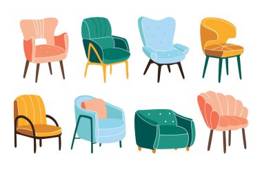 Comfortable armchairs vector bundle. Collection of stylish comfy furniture. clipart