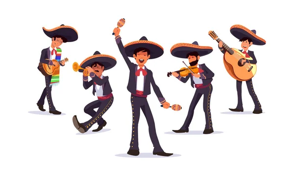 Conjunto vectorial de mariachis de músicos mexicanos, con guitarra y maracas, trompeta y violín . — Archivo Imágenes Vectoriales