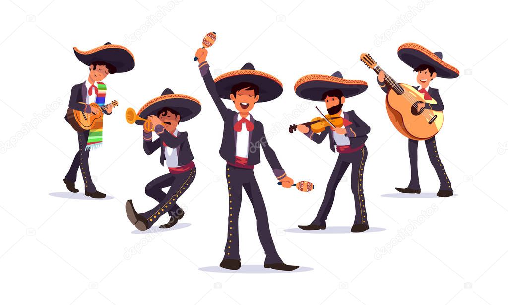 Mexican musicians mariachi vector set, with guitar and maracas, trumpet and violin. 