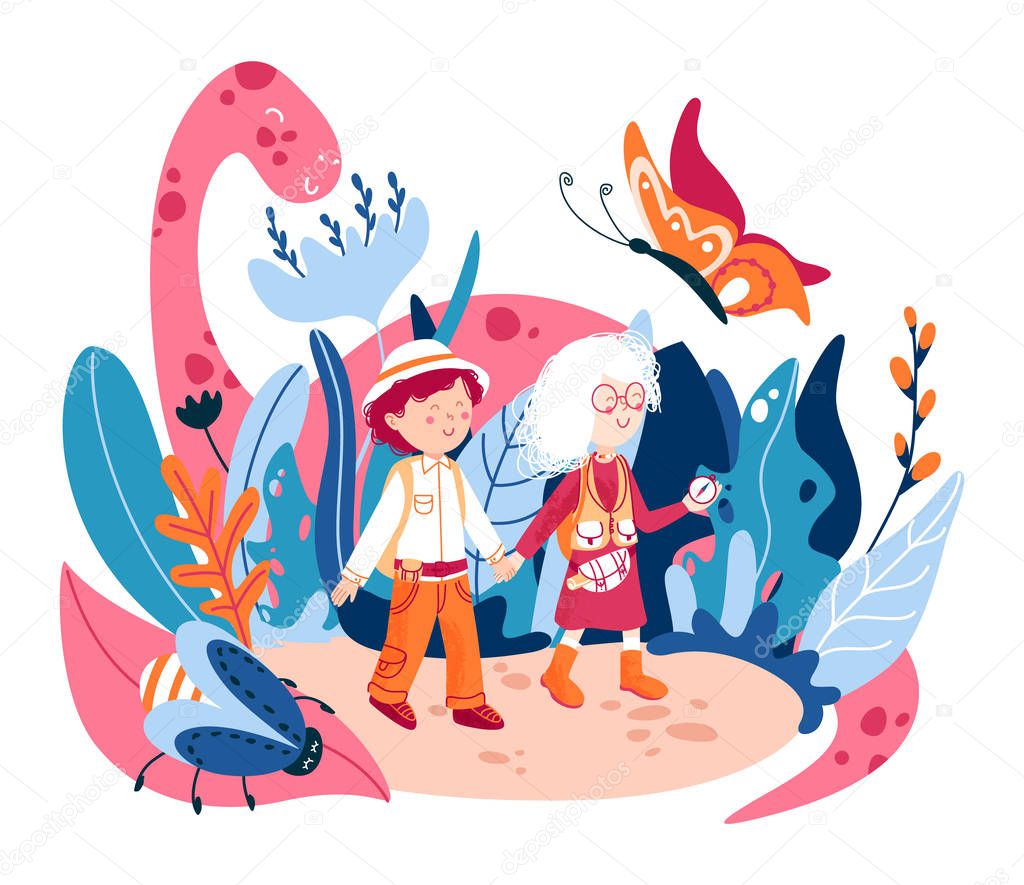 World of childhood flat vector illustration. Children fantasy word, with fictional cute monsters.
