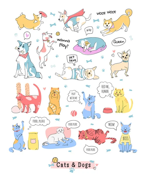 Colección de perros divertidos abd gatos de diversas razas jugando, durmiendo, ladrando, maullando, sentado . — Vector de stock