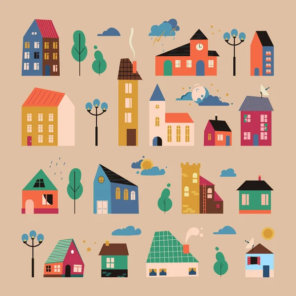 Vector small tiny houses, trees and clouds.  Paper cut style. Hand drawn trendy illustration. — Stock Vector