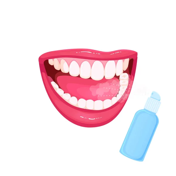 Векторна піктограма про догляд за зубами, дівчина використовує полоскання рота або освіжувач дихання . — стоковий вектор