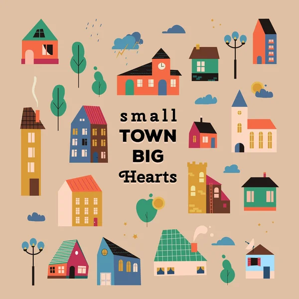 Cartaz vetorial com pequenas casas minúsculas, ruas com edifício, árvores e nuvens . — Vetor de Stock