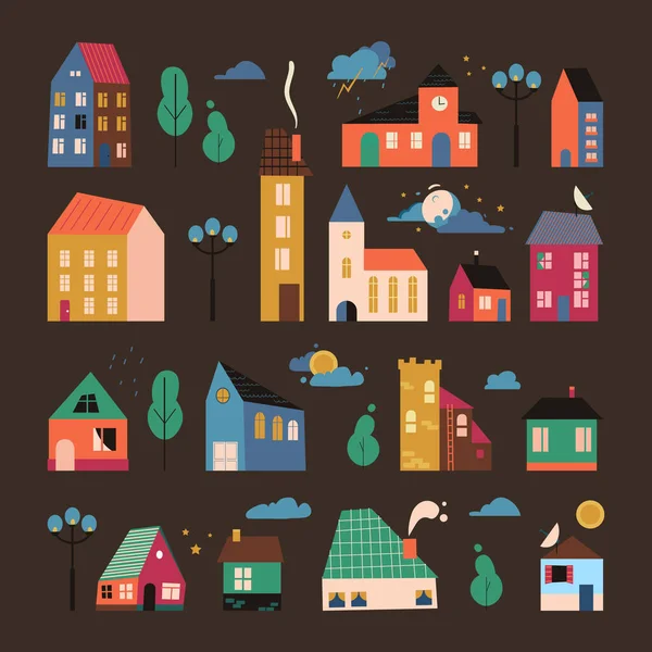 Vector small tiny houses, trees and clouds. Residential area minimalistic print pattern. — Stock Vector