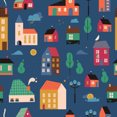 Vector small tiny houses pattern, cover - streets with building, trees and clouds. 