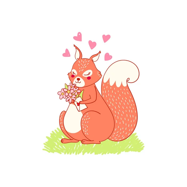 Eichhörnchen Vektor niedliches Tier auf einer sonnigen Wiese mit Blumen in ihren Pfoten. — Stockvektor