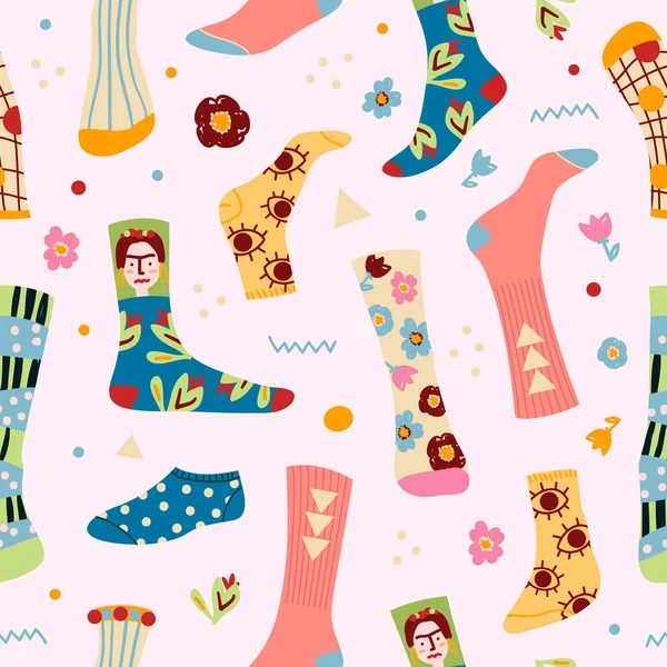 Elegante patrón de calcetines divertidos con diferentes texturas, fondo sin costuras . — Archivo Imágenes Vectoriales