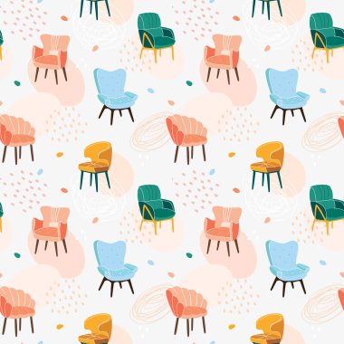 İskandinav mobilyaları kusursuz vektör desenleri. Moda elementli moda baskı. 