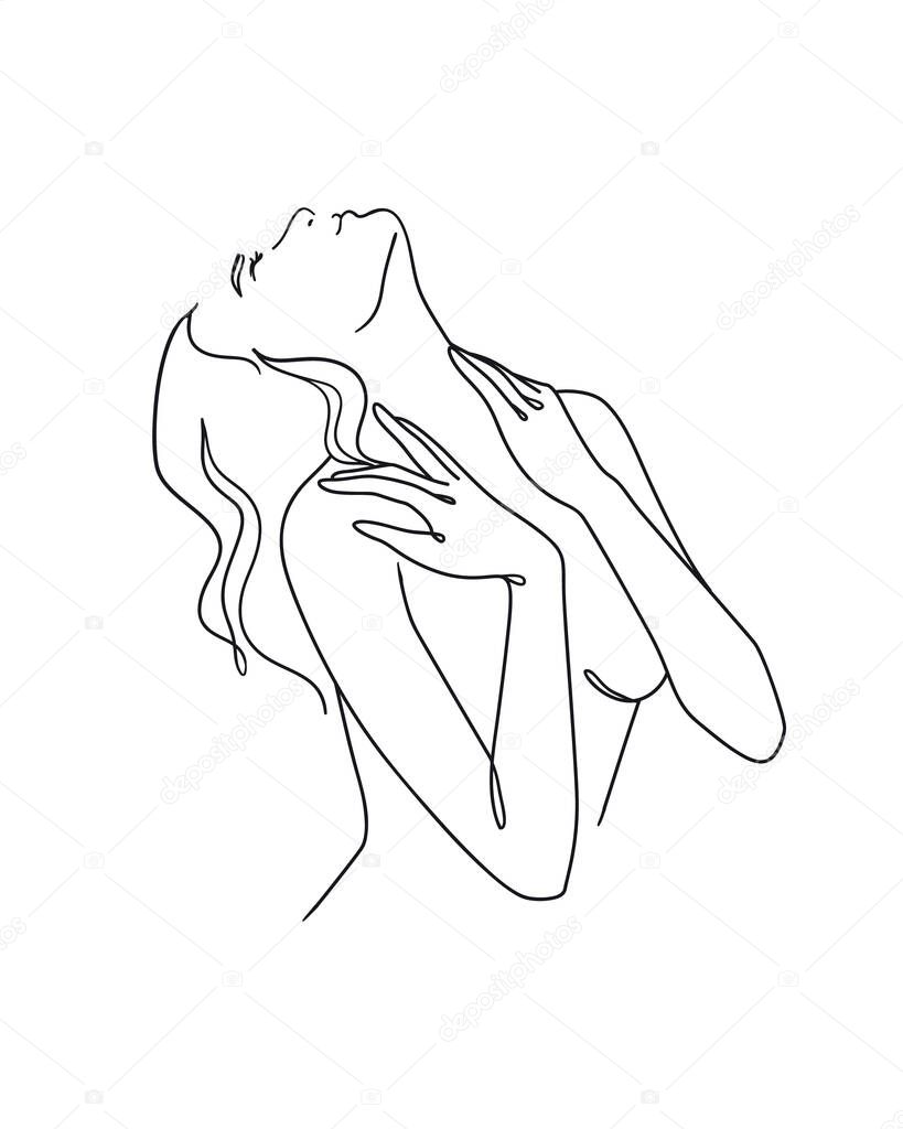 Vector card continuous line style, abstract woman, body stretching . Abstract minimal woman portrait. Fashion concept, beauty woman minimalist print.