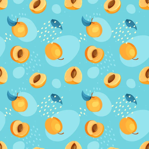 Seamless pattern with apricot, slices, green leaves and abstract element. — Wektor stockowy
