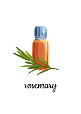 A bottle of rosemary essential oil with a sprig of rosemary. 