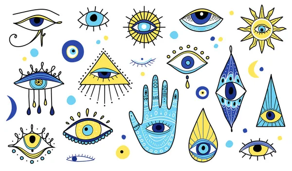 Evil eyes icon set, various talismans in hand drawn style. 