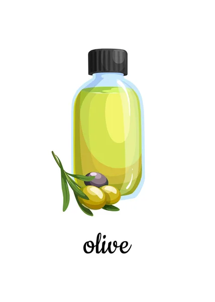 Bottle of olive oil with olives on a branch. — Stockvector