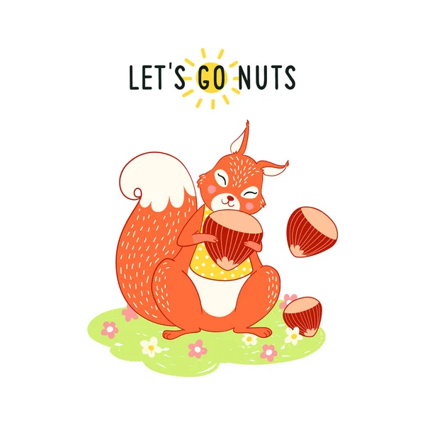 Squirrel hugs a nut on a summer lawn, funny illustration with text Let's go nuts. — Stock Vector